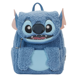 Need to escape? Our Loungefly Disney Stitch Plush Pocket Mini Backpack makes the perfect accomplice! This mini backpack is covered in blue sherpa material, and Stitch’s adorable face appears on the front. Just under his chin, you’ll find a zipper compartment for storing smaller items on your journeys. And, just under his paws, you’ll find another pocket. An invisible magnetic snap allows the paws to stay up while you secure your items. Applique ears poke out on the sides, and Stitch’s face comes to life in embroidered and applique details. On the back, you’ll find Scrump, surrounded by planets. Embrace your journeys in style with this fun and versatile accessory. Backpack features include silver-colored metal hardware, sherpa fabric, adjustable straps, vegan leather (polyurethane), side pockets, and applique, embroidered, and printed details. Note the coordinating lining. This backpack is an officially licensed Disney product. Backpack dimensions: 9” W x 10” H x 4.5” D (Width is measured across the bottom of the backpack.)